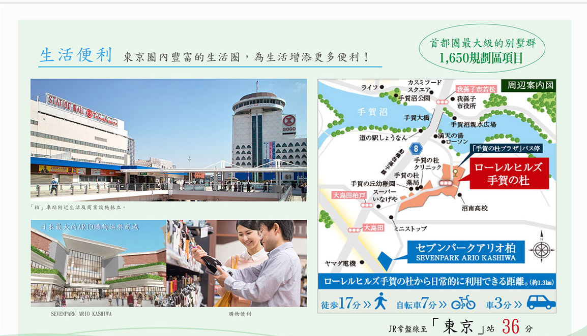 生活便利，東京圈內豐富的生活圈，爲生活增添更多便利。首都全最大級的別墅羣1650規劃區項目。JR常盤線至東京車站只要36分鍾。